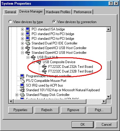 2232c win 98 d2xx device manager